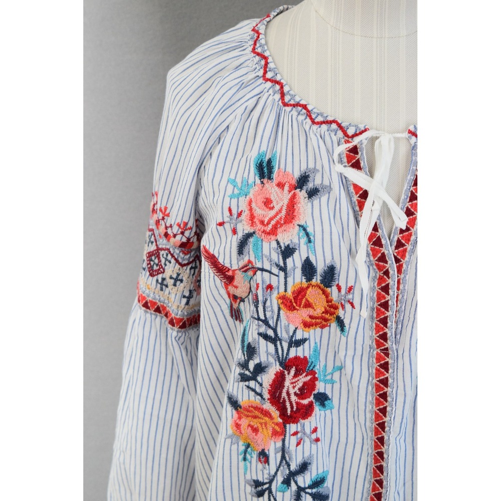 Johnny Was Workshop Nadia Peasant Blouse Top Small Embroidered Floral Bird Boho - Picture 2 of 6